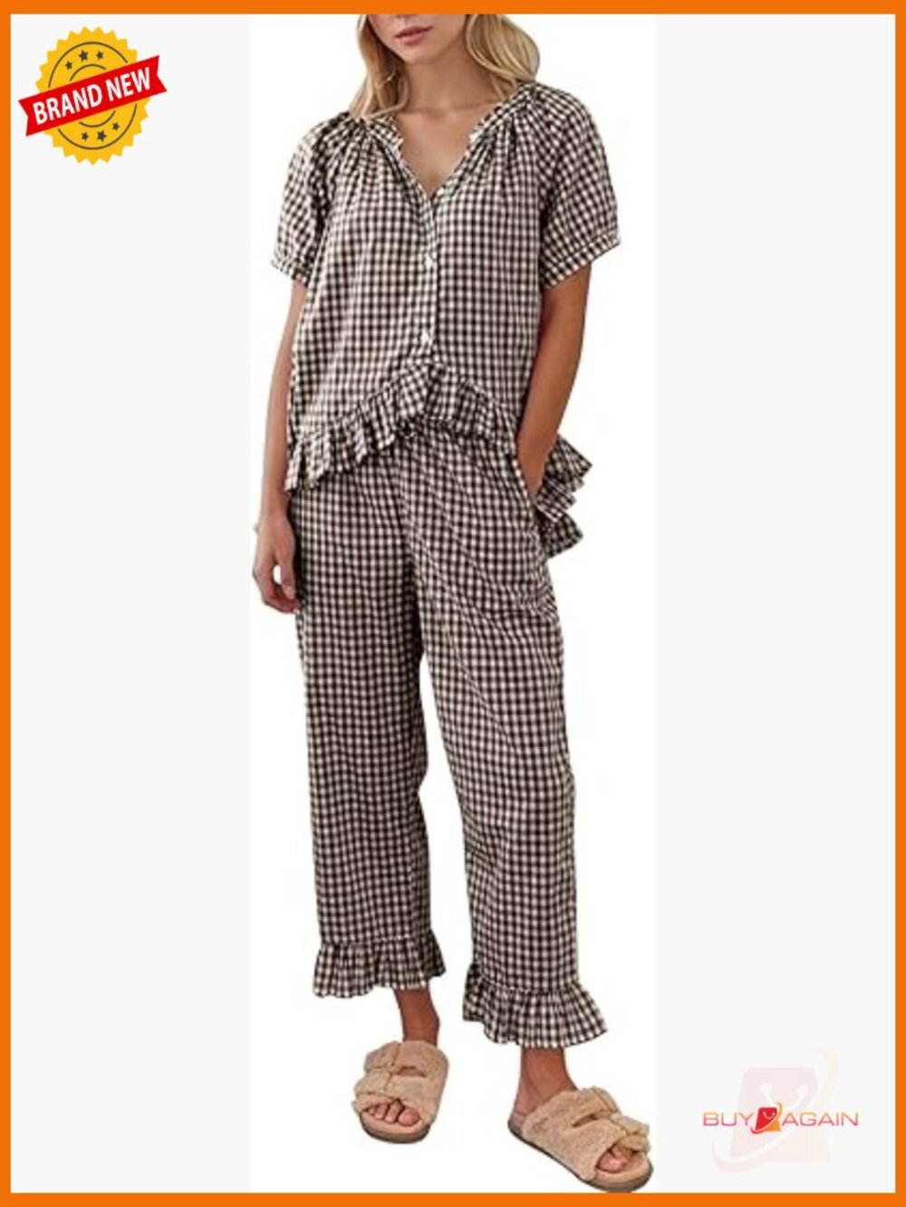2 Piece Cotton Pajama Set Button Down Ruffle